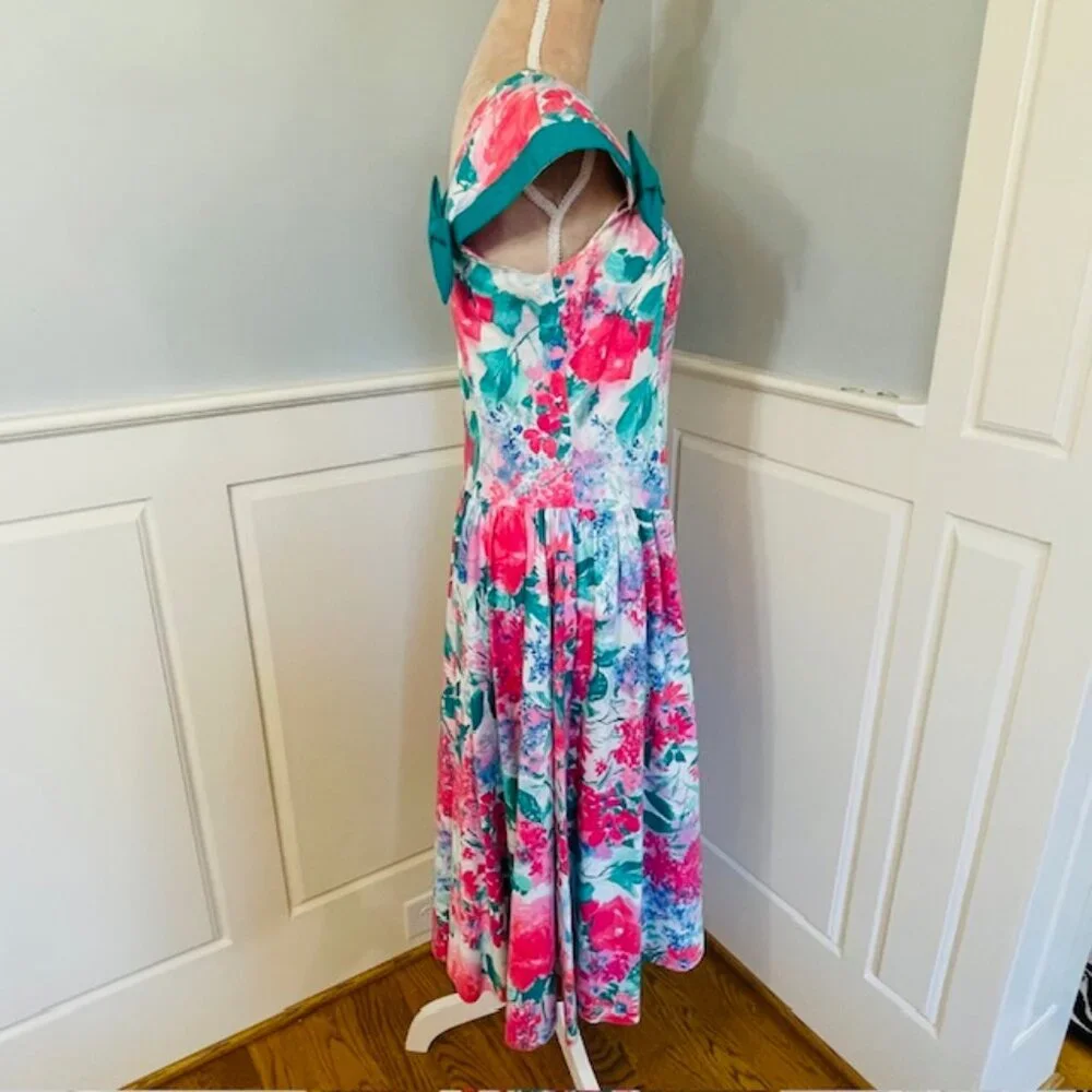 Vintage Leslie Lucks Petite Floral Cottagecore Dress Fit & Flare Bows 80's Small - Picture 4 of 8